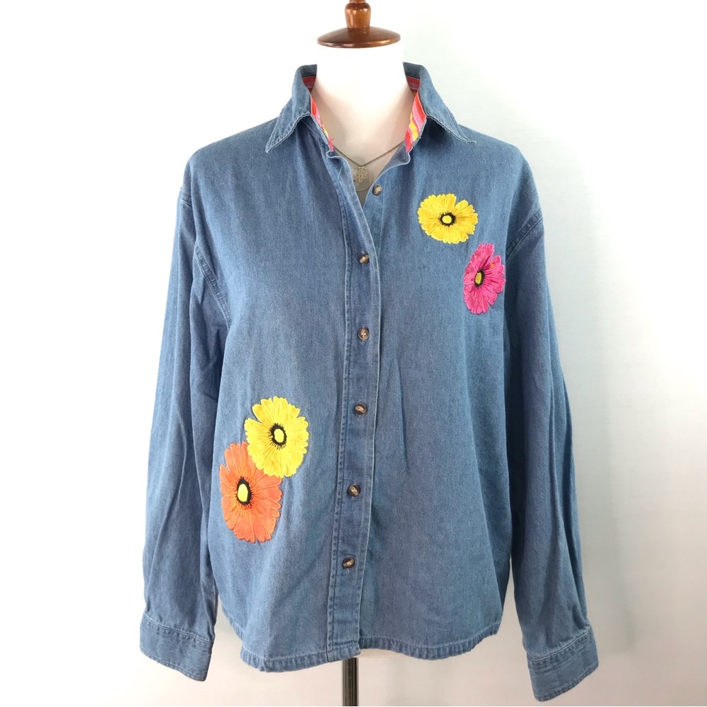 Lighthouse Apparel Vintage Denim Floral Embroidered Button Front Shirt